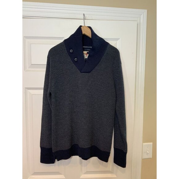 Relwen Blue Gray Striped Wool Shawl Collar Sweater Size Large - Picture 1 of 5